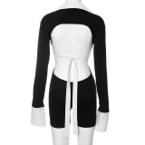 Women's Autumn Fashion Contrast Color Turndown Collar Tight Fitting One-Piece Casual Short Jumpsuit