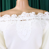 Women Off Shoulder Puff Sleeve Lace Patchwork Formal Party Mermaid Dress