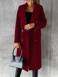 Women Solid Long Sleeve Double Breasted Pocket Coat