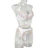 Women Exquisitely Embroidered Flowers Sexy Lingerie Three-Piece