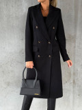 Women Solid Long Sleeve Double Breasted Pocket Coat