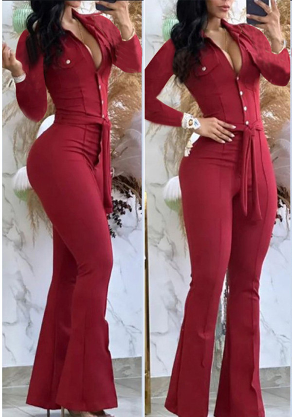 Women Turndown Collar Long Sleeve Bell-Bottom Jumpsuit