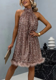 Women Sequined Sleeveless Halter Neck Dress