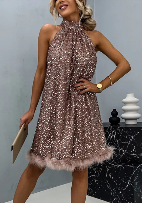 Women Sequined Sleeveless Halter Neck Dress