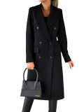 Women Solid Long Sleeve Double Breasted Pocket Coat