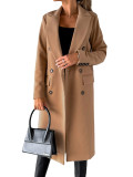 Women Solid Long Sleeve Double Breasted Pocket Coat