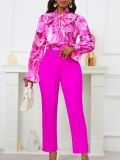 Women Print Lace-Up Long Sleeve Top and High Waist Suit Casual Two-piece Set