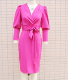 Women Puff Long Sleeve V Neck Bodycon Dress