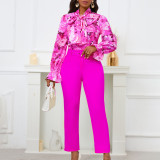 Women Print Lace-Up Long Sleeve Top and High Waist Suit Casual Two-piece Set