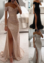 Women Sequin Off Shoulder Slit Dress Women Sequin Off Shoulder Slit Dress