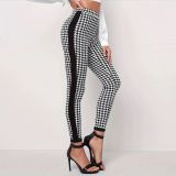 Autumn And Winter Houndstooth Print Trousers Black Stripes Patchwork Slim High Waist Pencil Pants