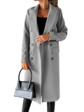 Women Solid Long Sleeve Double Breasted Pocket Coat