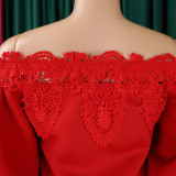 Women Off Shoulder Puff Sleeve Lace Patchwork Formal Party Mermaid Dress