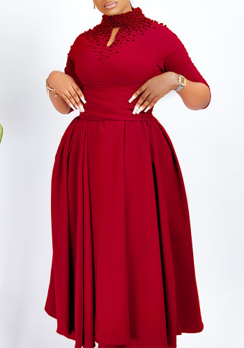 Women High Neck Elegant Beading African Dress