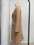 Women Solid Long Sleeve Double Breasted Pocket Coat