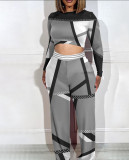 Plus Size Women Printed Long Sleeve Top and Wide Leg Pants Two-piece Set