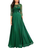 Women Patchwork Chiffon Round Neck Lace Evening Gown