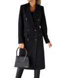 Women Solid Long Sleeve Double Breasted Pocket Coat