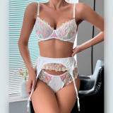 Women Exquisitely Embroidered Flowers Sexy Lingerie Three-Piece