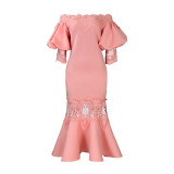 Women Off Shoulder Puff Sleeve Lace Patchwork Formal Party Mermaid Dress