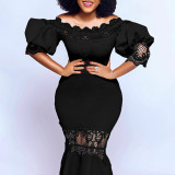 Women Off Shoulder Puff Sleeve Lace Patchwork Formal Party Mermaid Dress