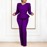 Autumn And Winter Fashion Ol Ruffled V-Neck Top And Pants Two-Piece Set