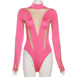 Summer Women Sexy Casual Mesh Patchwork High Waist Long Sleeve Bodysuit
