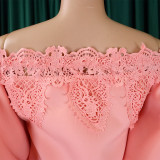 Women Off Shoulder Puff Sleeve Lace Patchwork Formal Party Mermaid Dress