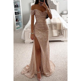Women Sequin Off Shoulder Slit Dress