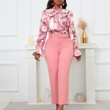 Women Print Lace-Up Long Sleeve Top and High Waist Suit Casual Two-piece Set