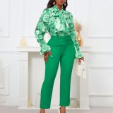 Women Print Lace-Up Long Sleeve Top and High Waist Suit Casual Two-piece Set