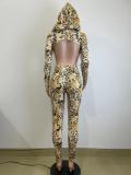 Women Autumn and Winter Leopard Backless Hooded Jumpsuit
