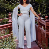 Plus Size African Women V-neck Top and Wide Leg Pants Two-piece Set