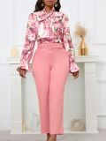Women Print Lace-Up Long Sleeve Top and High Waist Suit Casual Two-piece Set