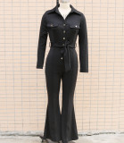 Women Turndown Collar Long Sleeve Bell-Bottom Jumpsuit