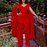 Plus Size African Women V-neck Top and Wide Leg Pants Two-piece Set