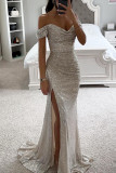 Women Sequin Off Shoulder Slit Dress