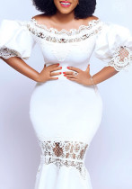 Women Off Shoulder Puff Sleeve Lace Patchwork Formal Party Mermaid Dress Women Off Shoulder Puff Sleeve Lace Patchwork Formal Party Mermaid Dress