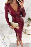 Women Party Sequin Slit Long Sleeve Dress
