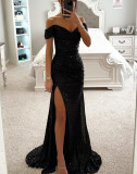 Women Sequin Off Shoulder Slit Dress