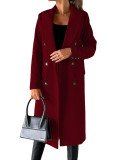 Women Solid Long Sleeve Double Breasted Pocket Coat