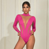 Summer Women Sexy Casual Mesh Patchwork High Waist Long Sleeve Bodysuit