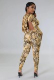 Women Autumn and Winter Leopard Backless Hooded Jumpsuit