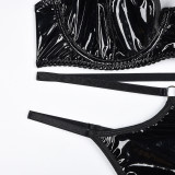 Women black PU-Leather sexy lingerie set