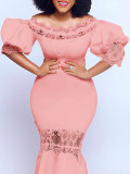 Women Off Shoulder Puff Sleeve Lace Patchwork Formal Party Mermaid Dress