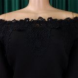 Women Off Shoulder Puff Sleeve Lace Patchwork Formal Party Mermaid Dress