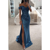 Women Sequin Off Shoulder Slit Dress