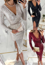 Women Party Sequin Slit Long Sleeve Dress Women Party Sequin Slit Long Sleeve Dress