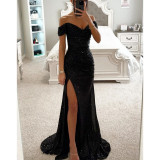 Women Sequin Off Shoulder Slit Dress