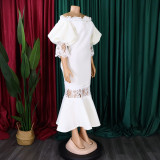 Women Off Shoulder Puff Sleeve Lace Patchwork Formal Party Mermaid Dress